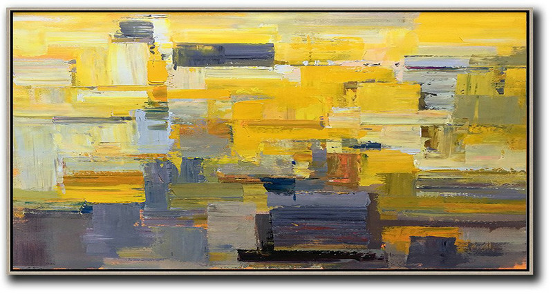 Large Abstract Art Handmade Painting,Horizontal Palette Knife Contemporary Art Panoramic Canvas Painting,Large Oil Canvas Art,Yellow,Grey,Brown,White.Etc